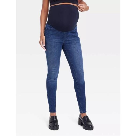 INGRID & ISABEL Over Belly Skinny Maternity Jean Large 32 Dark Blue Stretch NWOT - Picture 2 of 11